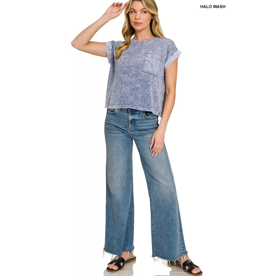 Zenana Halo Snow Washed Cotton Cuffed Short Sleeve Top NAVY / S Apparel and Accessories