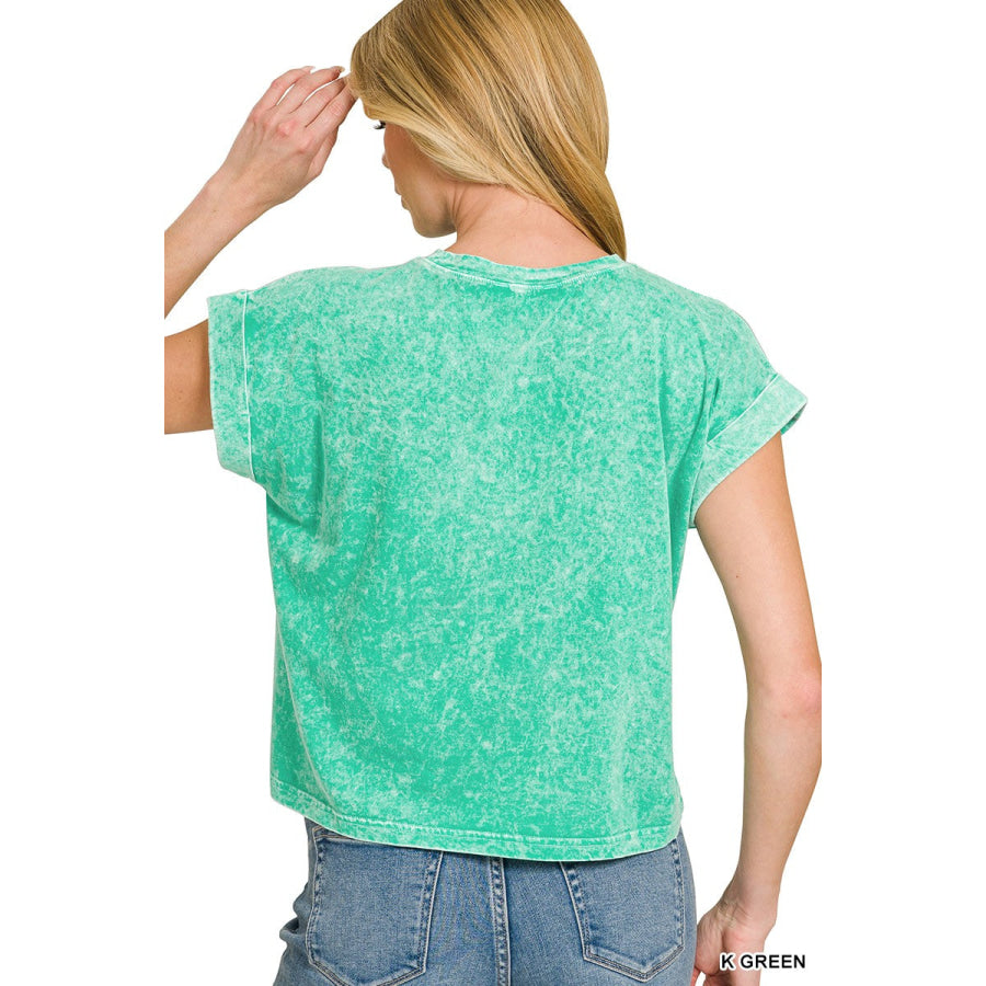 Zenana Halo Snow Washed Cotton Cuffed Short Sleeve Top Apparel and Accessories