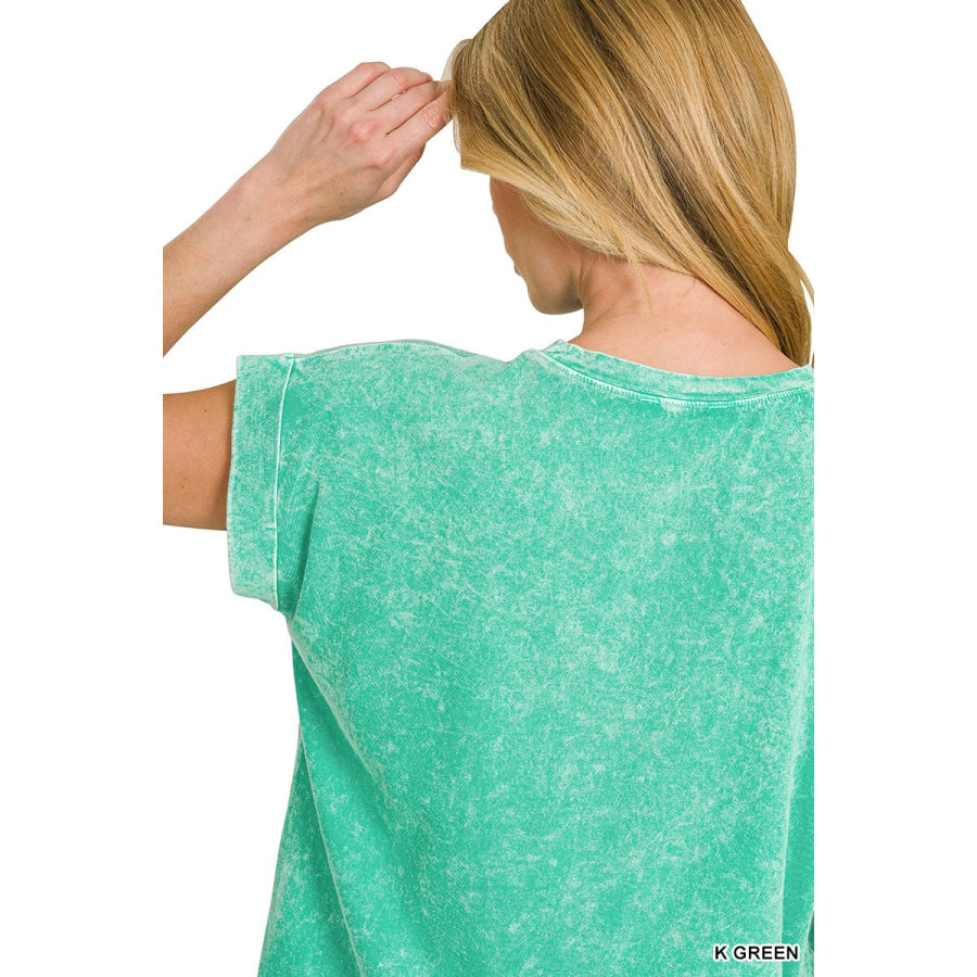 Zenana Halo Snow Washed Cotton Cuffed Short Sleeve Top Apparel and Accessories
