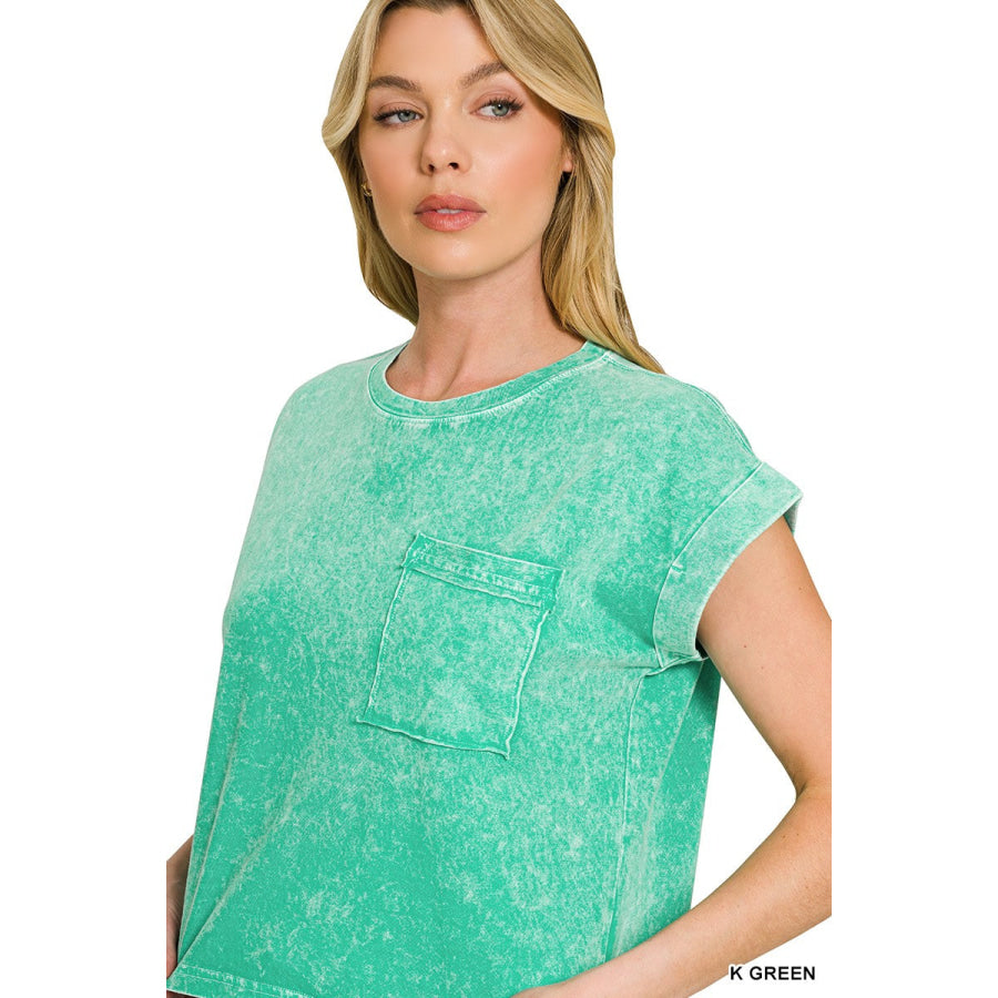 Zenana Halo Snow Washed Cotton Cuffed Short Sleeve Top Apparel and Accessories