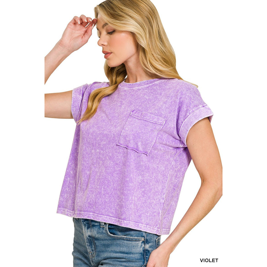 Zenana Halo Snow Washed Cotton Cuffed Short Sleeve Top VIOLET / S Apparel and Accessories