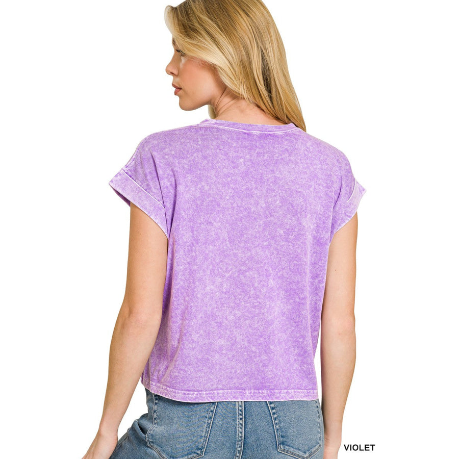 Zenana Halo Snow Washed Cotton Cuffed Short Sleeve Top Apparel and Accessories