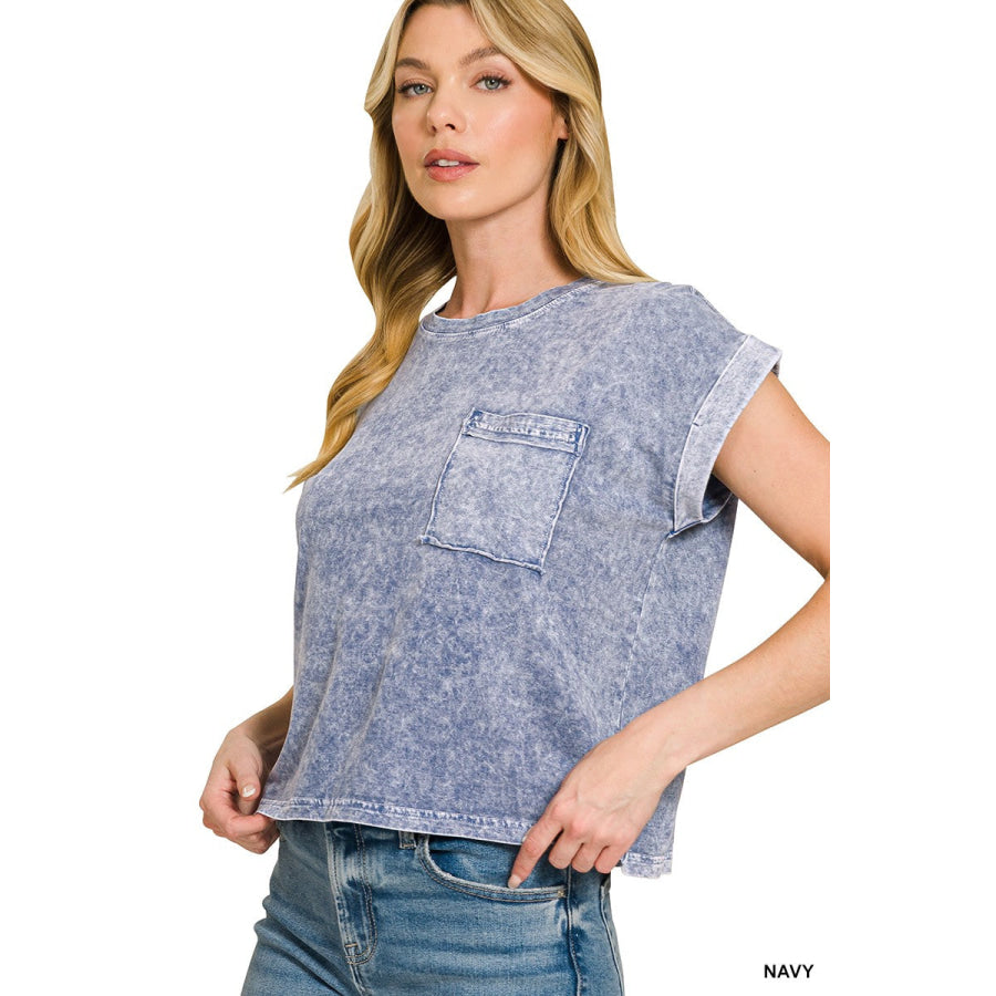Zenana Halo Snow Washed Cotton Cuffed Short Sleeve Top NAVY / S Apparel and Accessories
