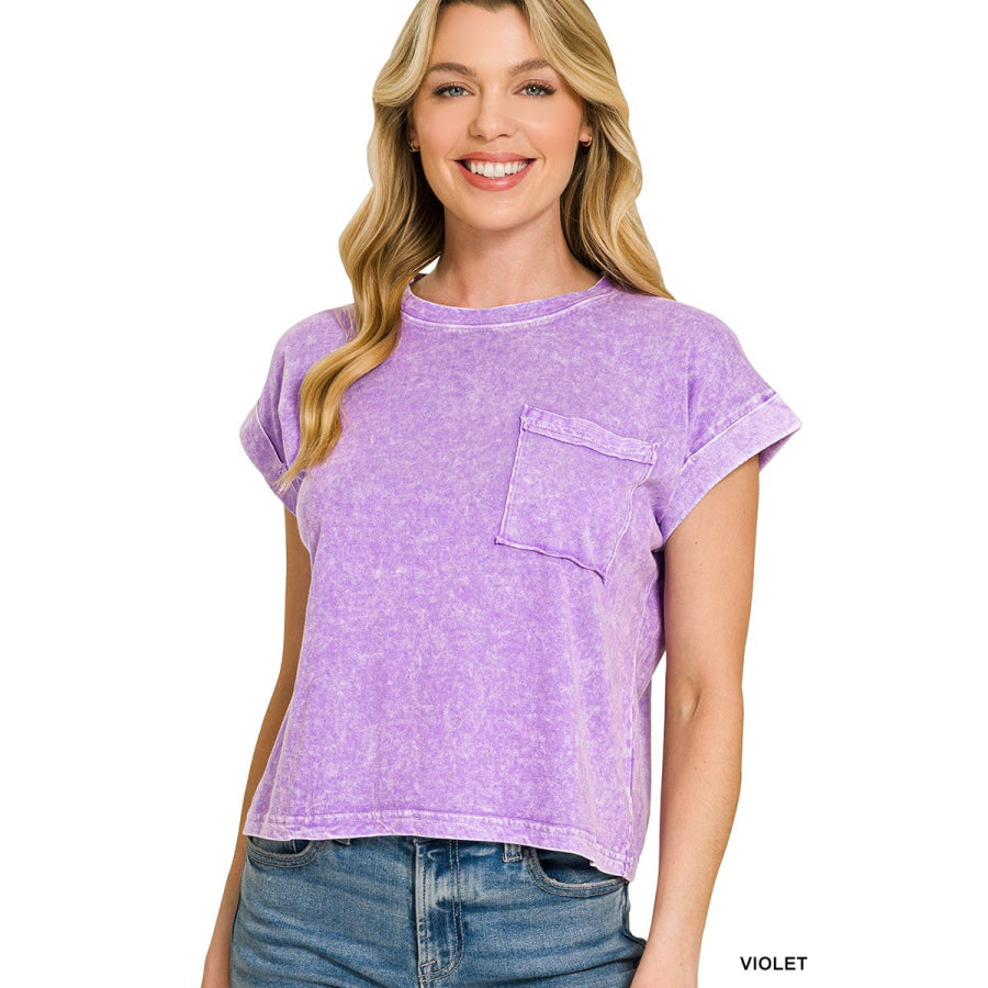 Zenana Halo Snow Washed Cotton Cuffed Short Sleeve Top VIOLET / S Apparel and Accessories