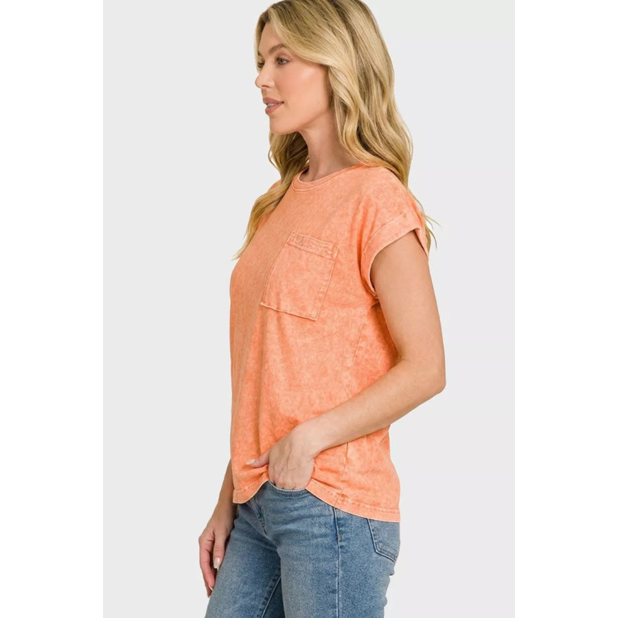 Zenana Halo Snow Washed Cuffed Short Sleeve Tee ORANGE / S Apparel and Accessories