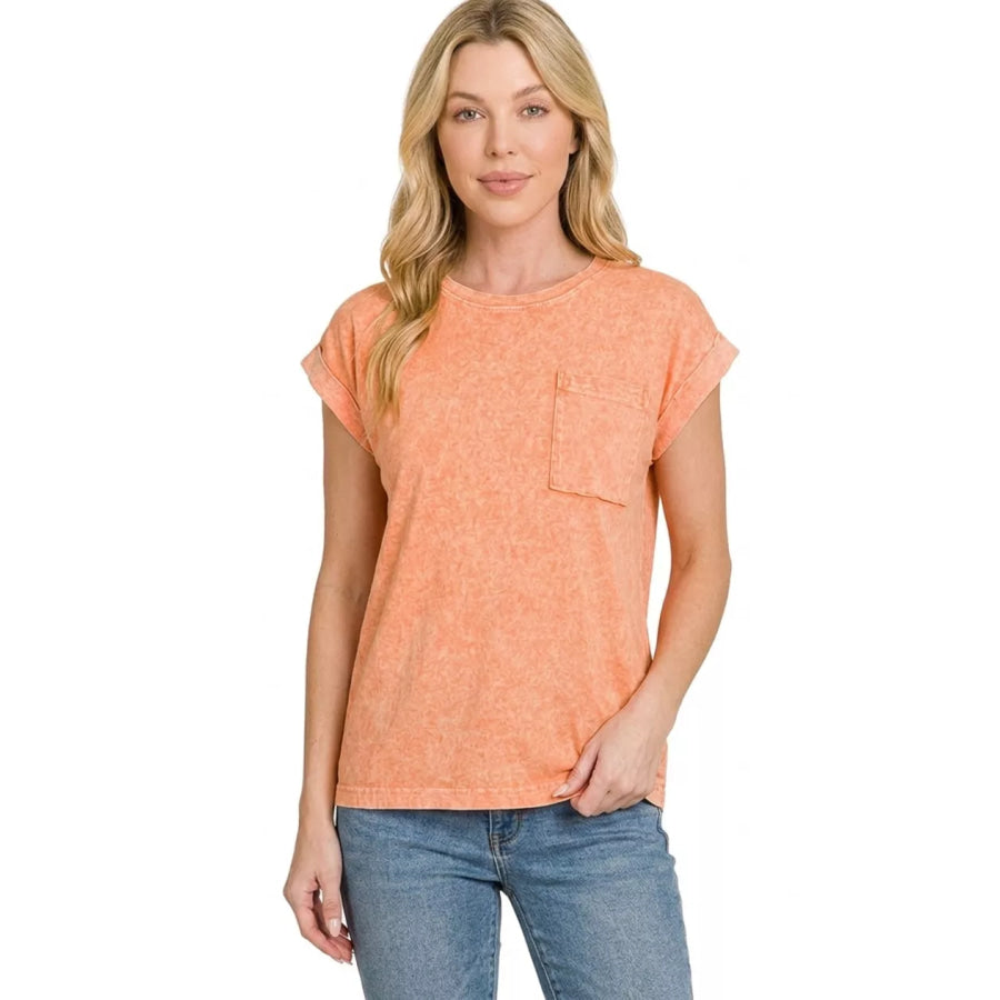 Zenana Halo Snow Washed Cuffed Short Sleeve Tee Apparel and Accessories