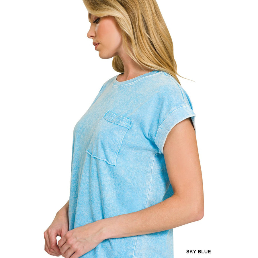 Zenana Halo Snow Washed Cuffed Short Sleeve Tee Apparel and Accessories