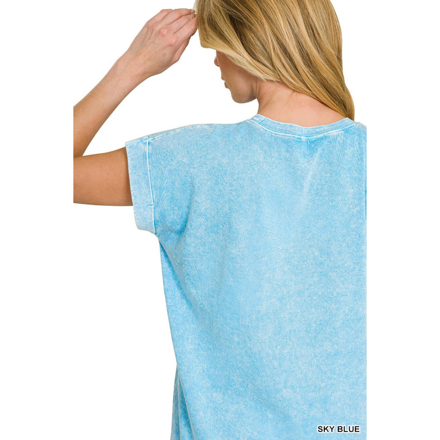 Zenana Halo Snow Washed Cuffed Short Sleeve Tee Apparel and Accessories
