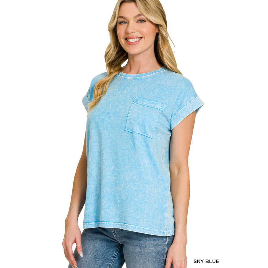 Zenana Halo Snow Washed Cuffed Short Sleeve Tee SKY BLUE / S Apparel and Accessories