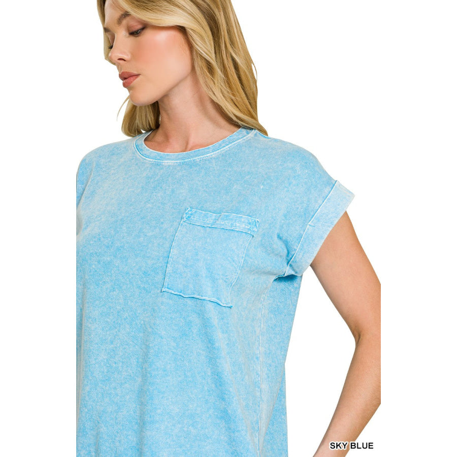 Zenana Halo Snow Washed Cuffed Short Sleeve Tee Apparel and Accessories