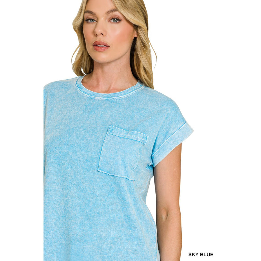 Zenana Halo Snow Washed Cuffed Short Sleeve Tee Apparel and Accessories