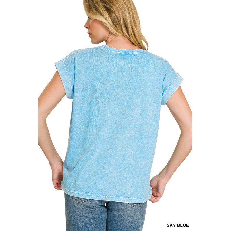 Zenana Halo Snow Washed Cuffed Short Sleeve Tee Apparel and Accessories