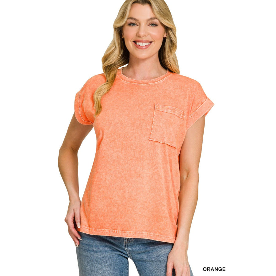 Zenana Halo Snow Washed Cuffed Short Sleeve Tee ORANGE / S Apparel and Accessories