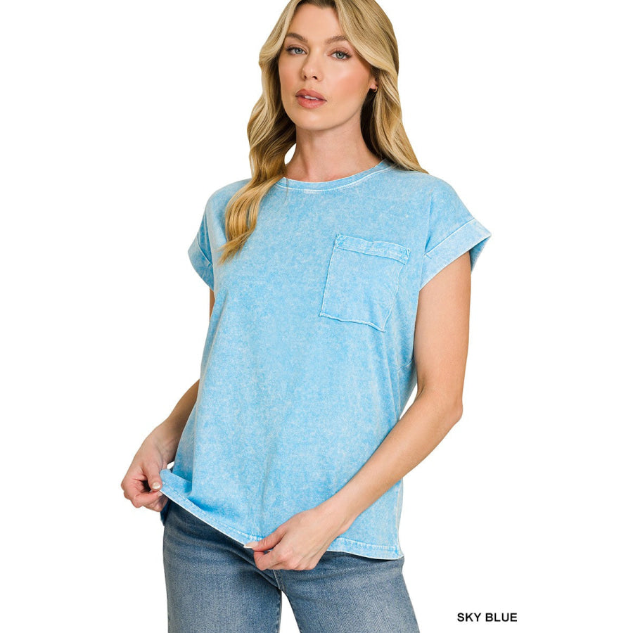 Zenana Halo Snow Washed Cuffed Short Sleeve Tee SKY BLUE / S Apparel and Accessories