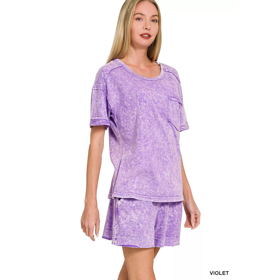 Zenana Halo Snow Washed Exposed Seam Top & Shorts Set Apparel and Accessories