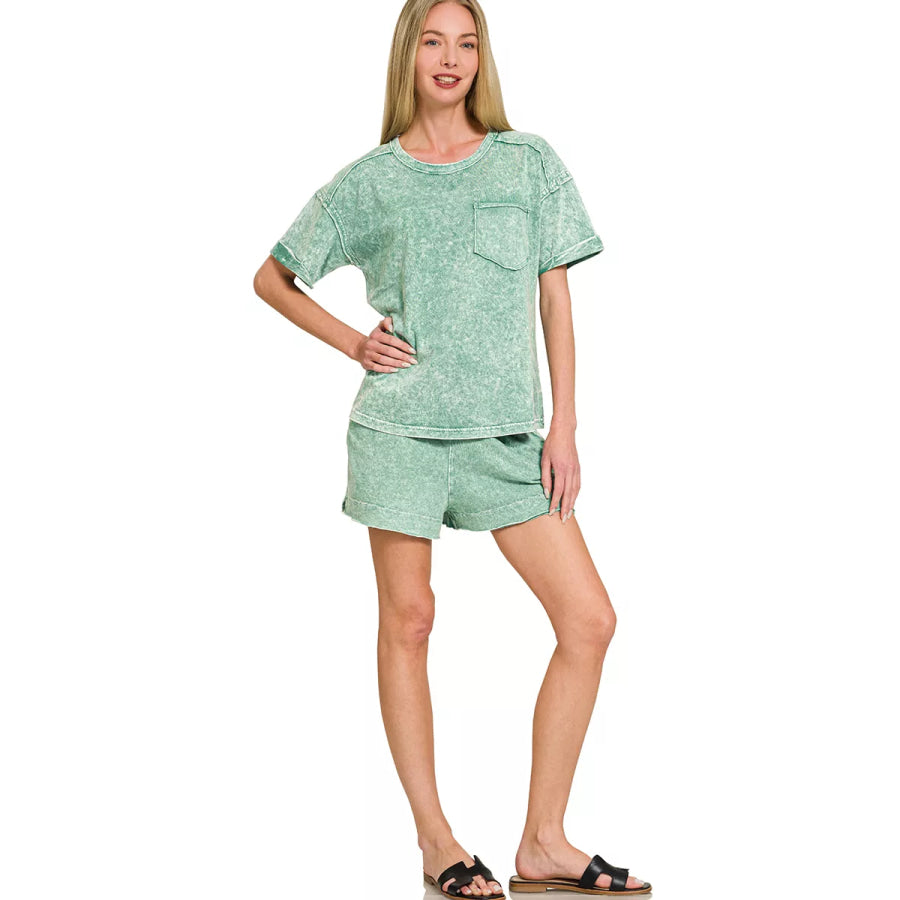 Zenana Halo Snow Washed Exposed Seam Top & Shorts Set Apparel and Accessories