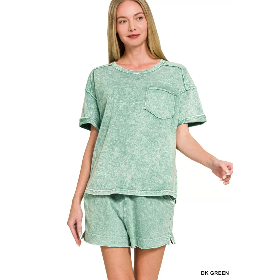 Zenana Halo Snow Washed Exposed Seam Top & Shorts Set DK GREEN / S Apparel and Accessories