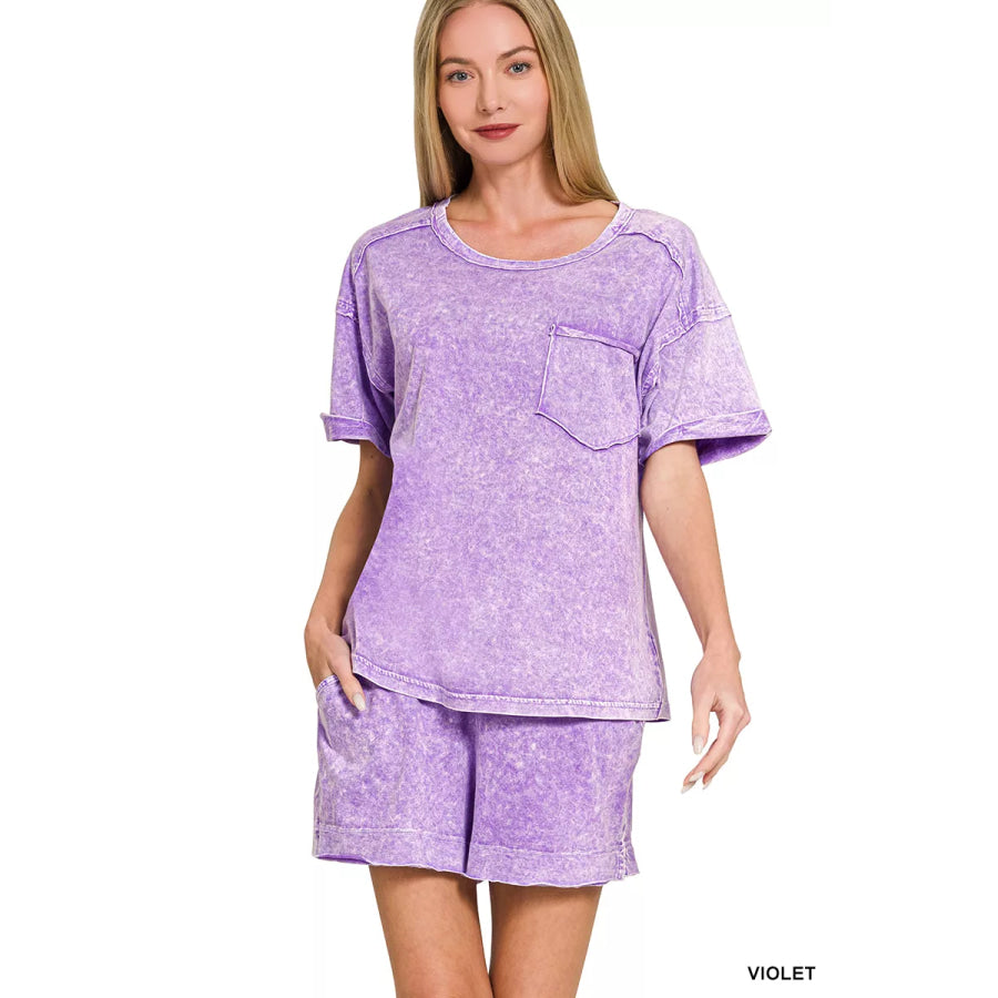 Zenana Halo Snow Washed Exposed Seam Top & Shorts Set VIOLET / S Apparel and Accessories