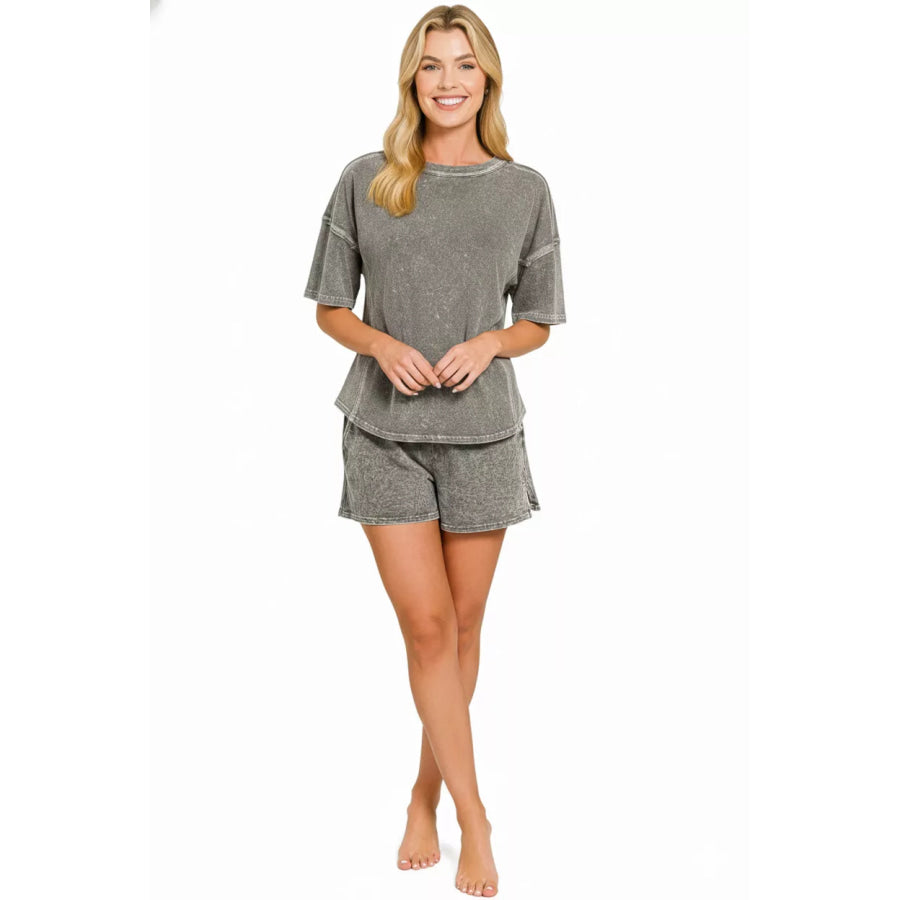 Zenana Halo Snow Washed Short Sleeve Tee and Shorts Set Apparel and Accessories