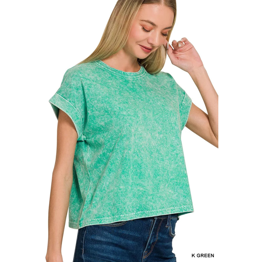 Zenana Halo Washed Cotton Cuffed Short Sleeve Top Apparel and Accessories