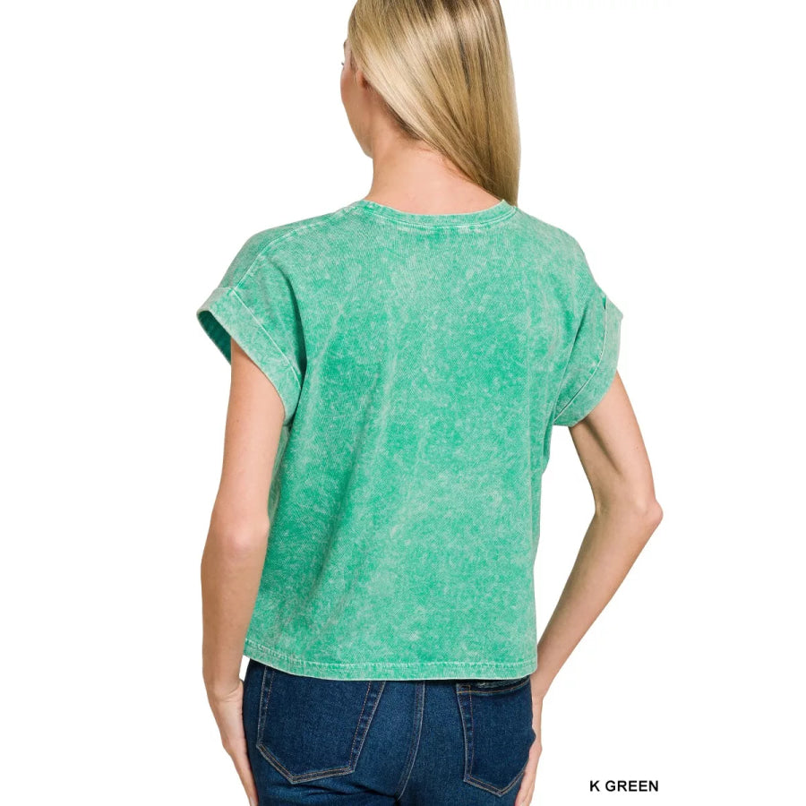 Zenana Halo Washed Cotton Cuffed Short Sleeve Top Apparel and Accessories