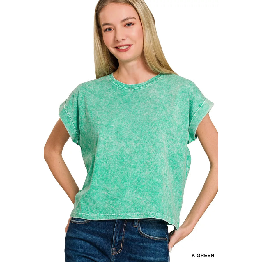 Zenana Halo Washed Cotton Cuffed Short Sleeve Top K GREEN / S Apparel and Accessories