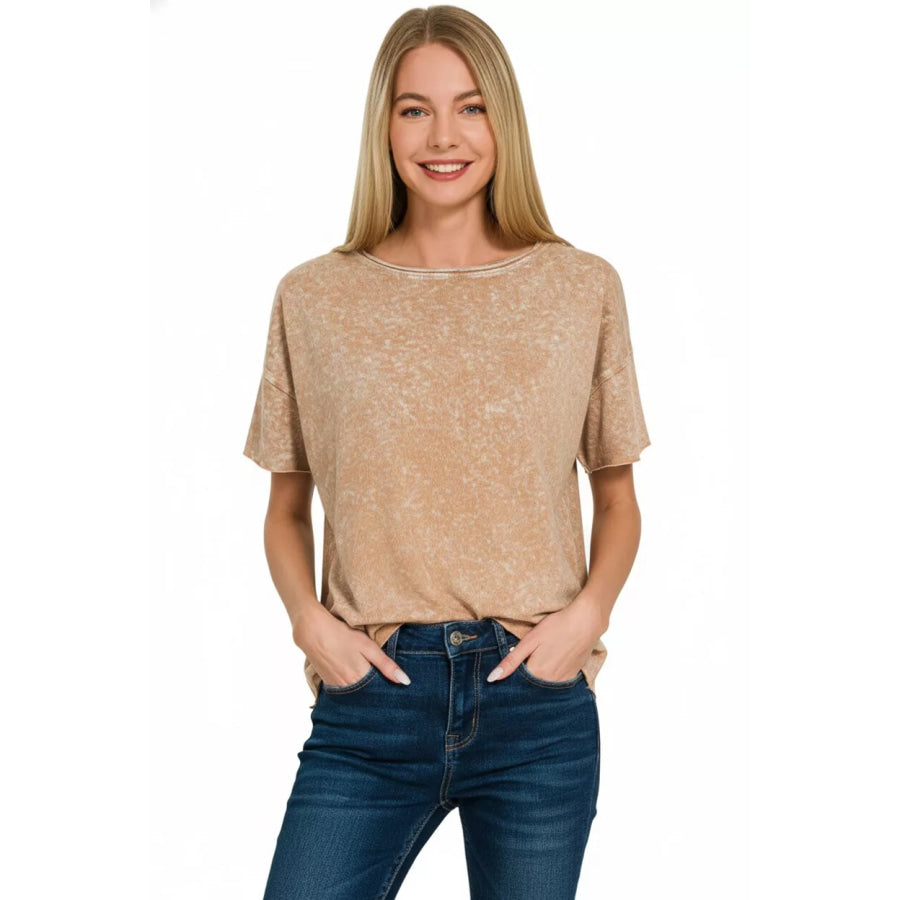 Zenana Halo Washed Cotton Short Sleeve Top Apparel and Accessories