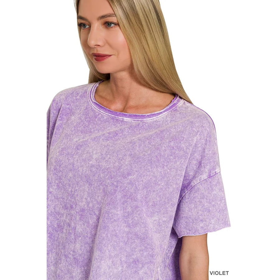Zenana Halo Washed Cotton Short Sleeve Top VIOLET / S/M Apparel and Accessories