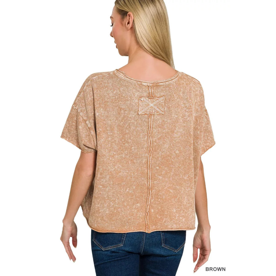 Zenana Halo Washed Cotton Short Sleeve Top Apparel and Accessories