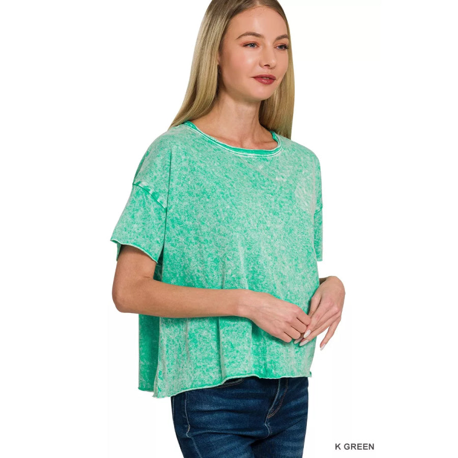 Zenana Halo Washed Cotton Short Sleeve Top K GREEN / S/M Apparel and Accessories