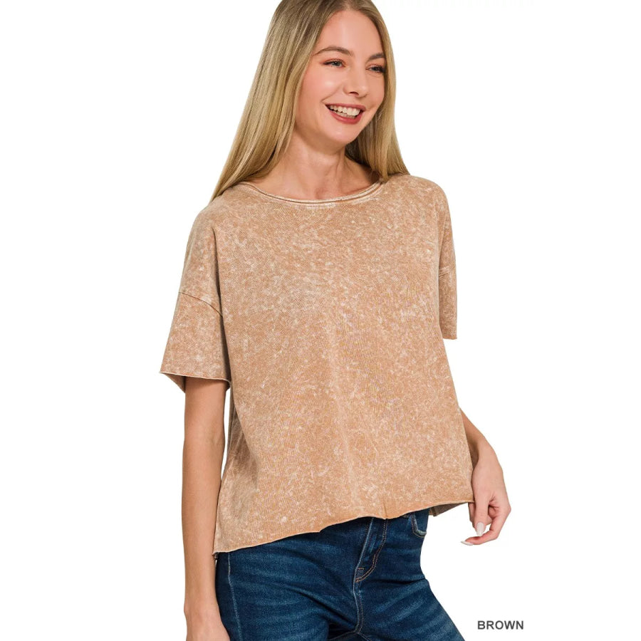 Zenana Halo Washed Cotton Short Sleeve Top BROWN / S/M Apparel and Accessories