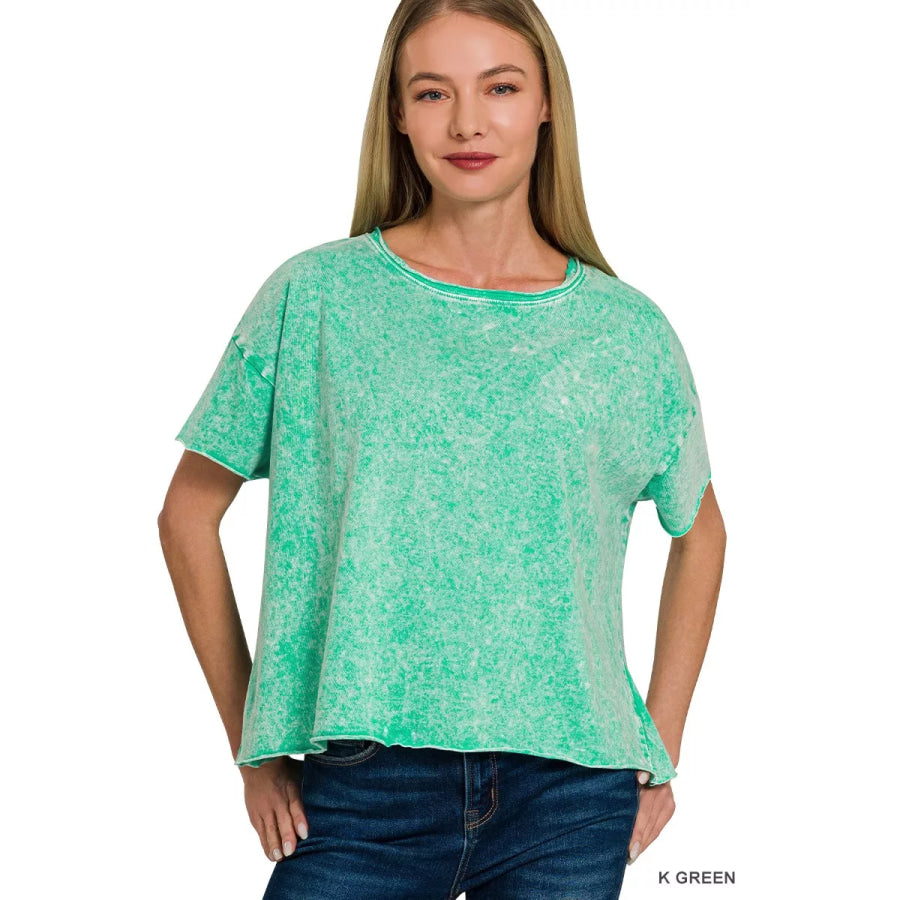 Zenana Halo Washed Cotton Short Sleeve Top K GREEN / S/M Apparel and Accessories