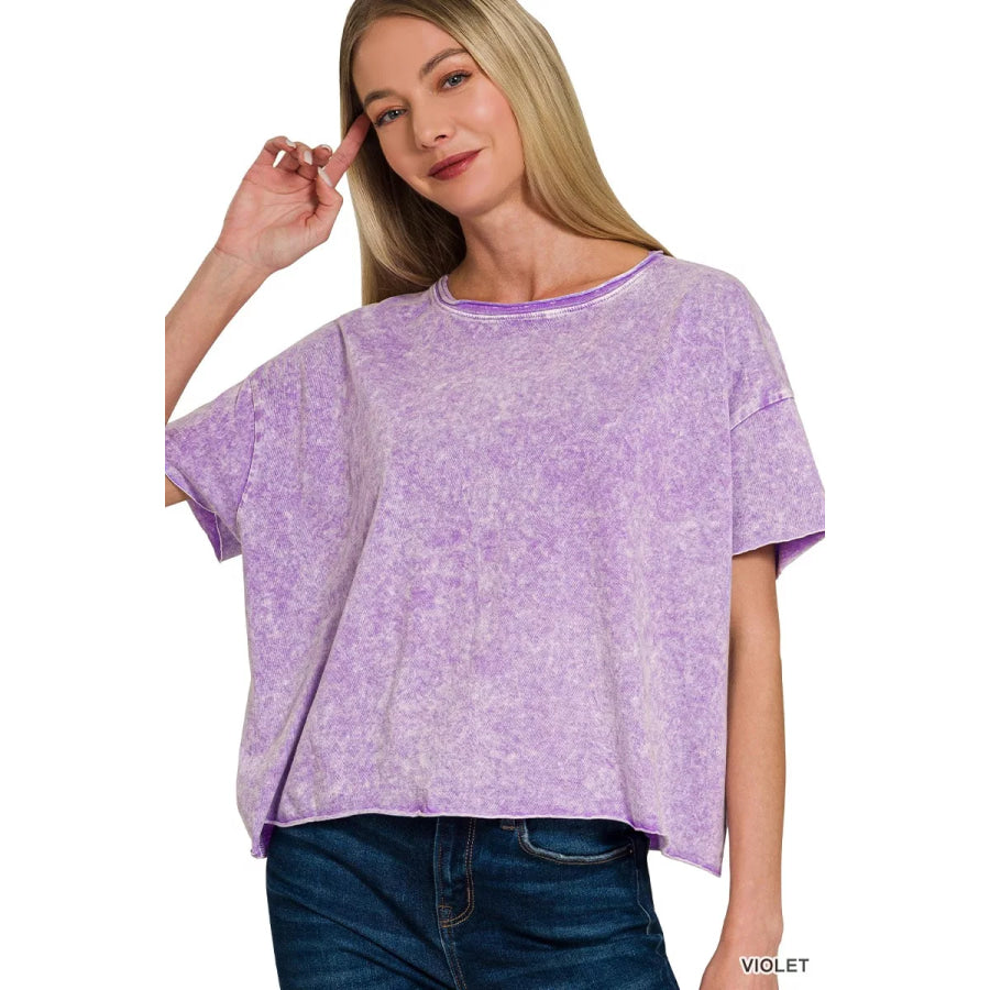 Zenana Halo Washed Cotton Short Sleeve Top VIOLET / S/M Apparel and Accessories