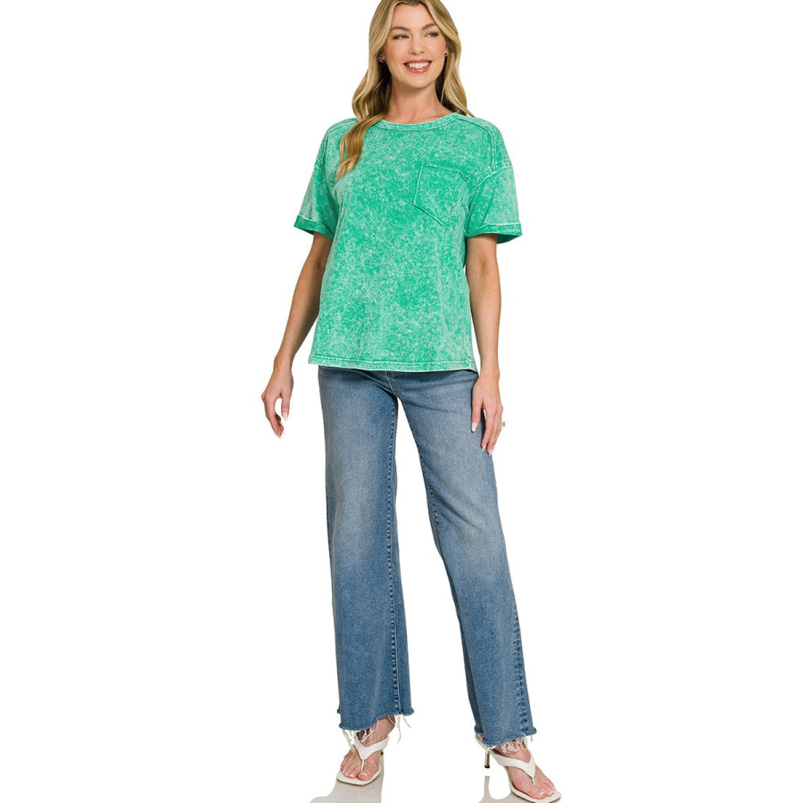 Zenana Halo Washed Relaxed Fit Tee Apparel and Accessories