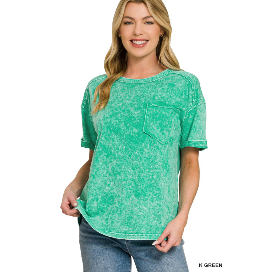 Zenana Halo Washed Relaxed Fit Tee K GREEN / S Apparel and Accessories
