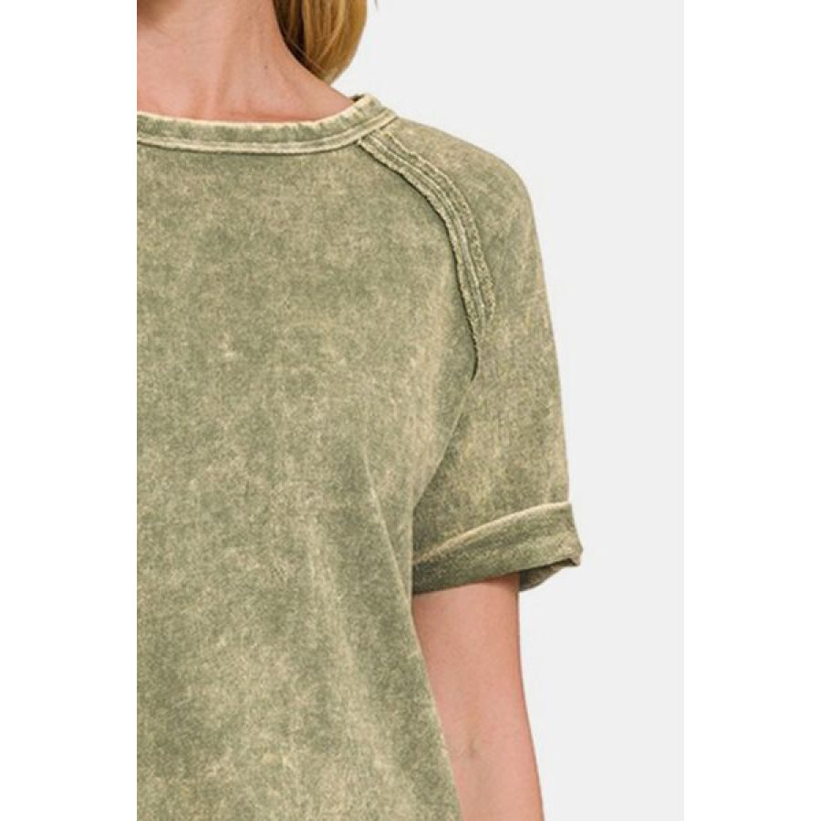 Zenana Heathered Round Neck Short Sleeve Blouse Apparel and Accessories