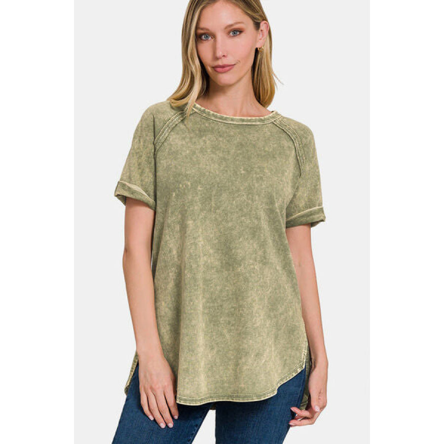 Zenana Heathered Round Neck Short Sleeve Blouse LTOLIVE / S Apparel and Accessories