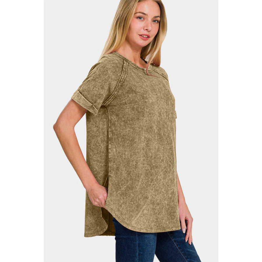 Zenana Heathered Round Neck Short Sleeve Top Apparel and Accessories