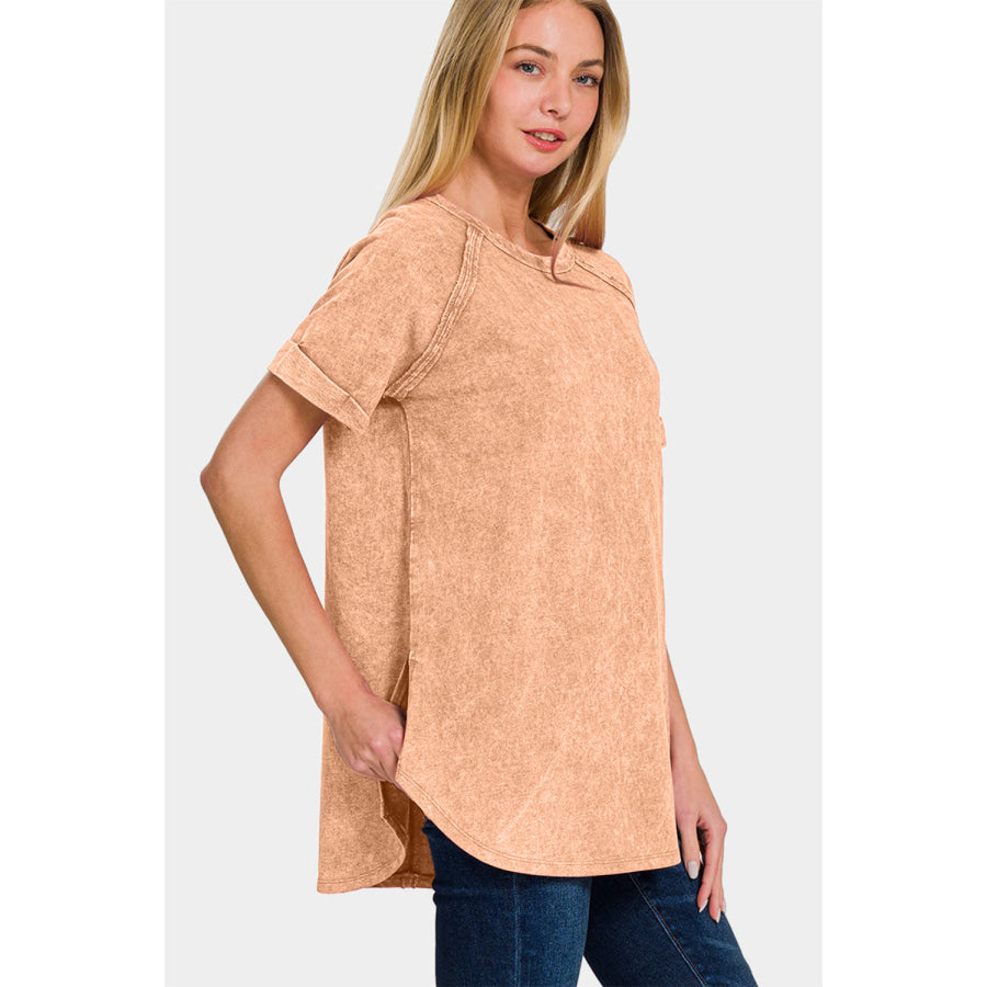 Zenana Heathered Round Neck Short Sleeve Top Apparel and Accessories