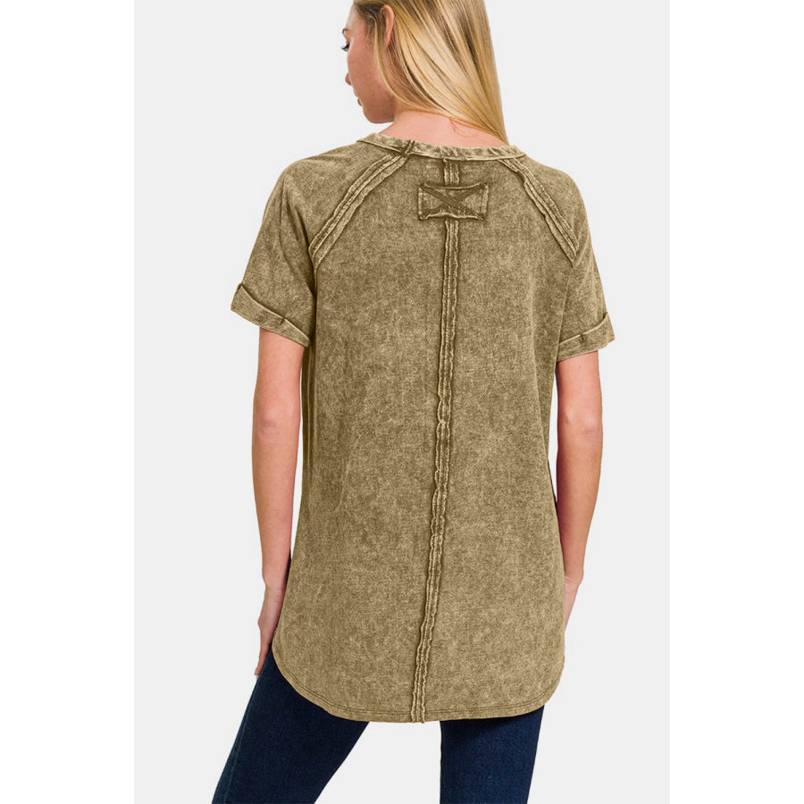 Zenana Heathered Round Neck Short Sleeve Top Mocha / S Apparel and Accessories