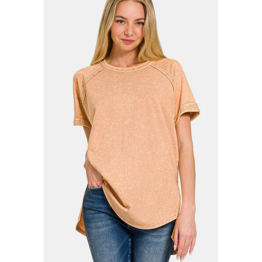 Zenana Heathered Round Neck Short Sleeve Top Brush / S Apparel and Accessories
