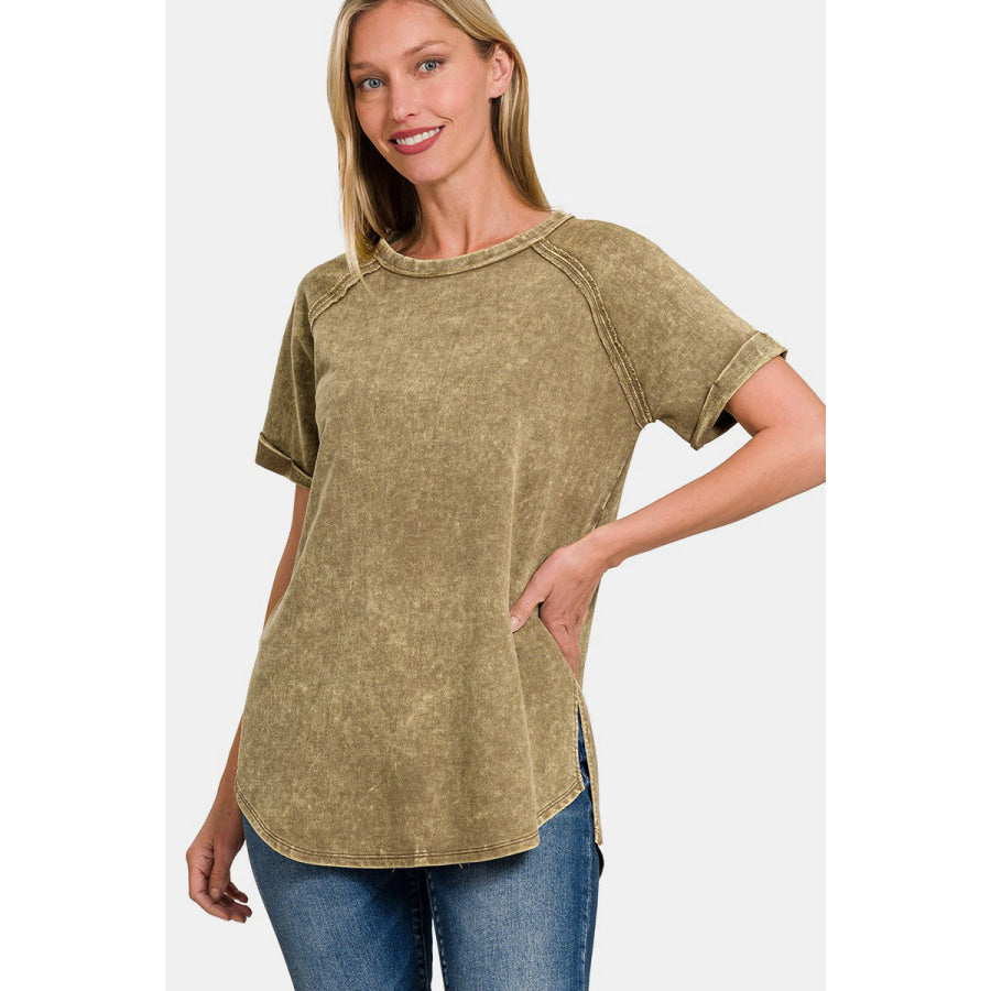 Zenana Heathered Round Neck Short Sleeve Top Mocha / S Apparel and Accessories