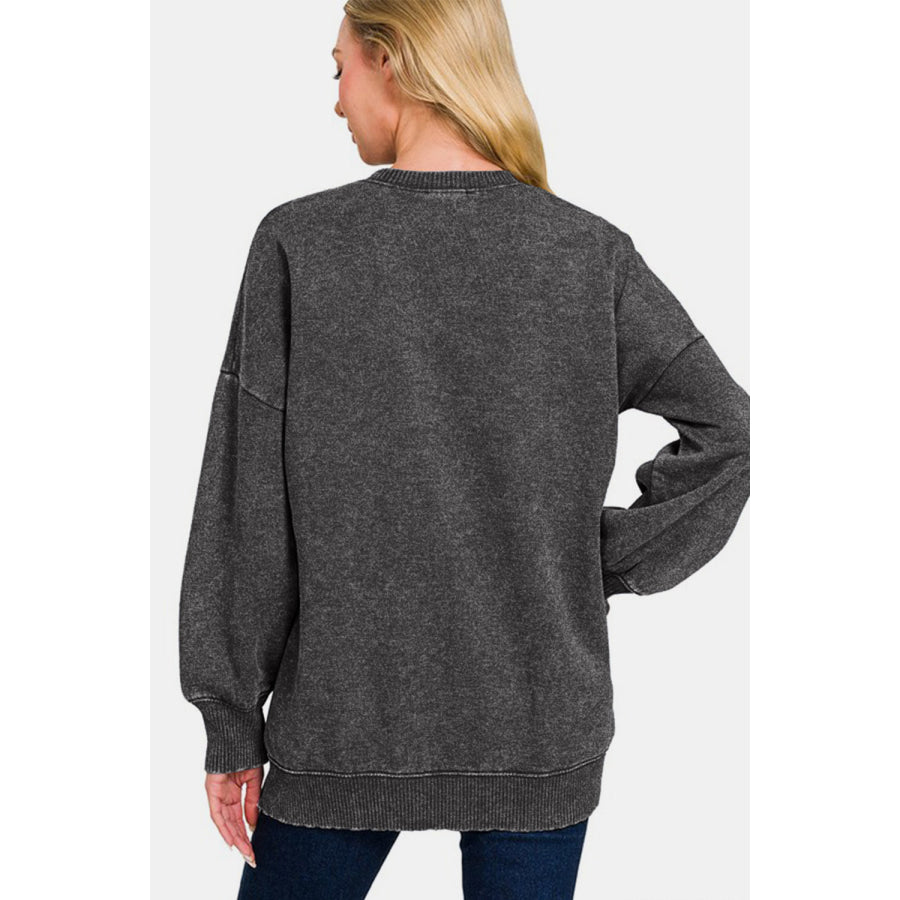 Zenana High-Low Acid Wash Fleece Sweatshirt Apparel and Accessories