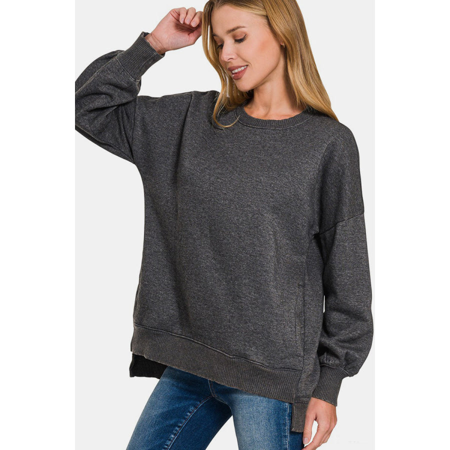 Zenana High-Low Acid Wash Fleece Sweatshirt Apparel and Accessories