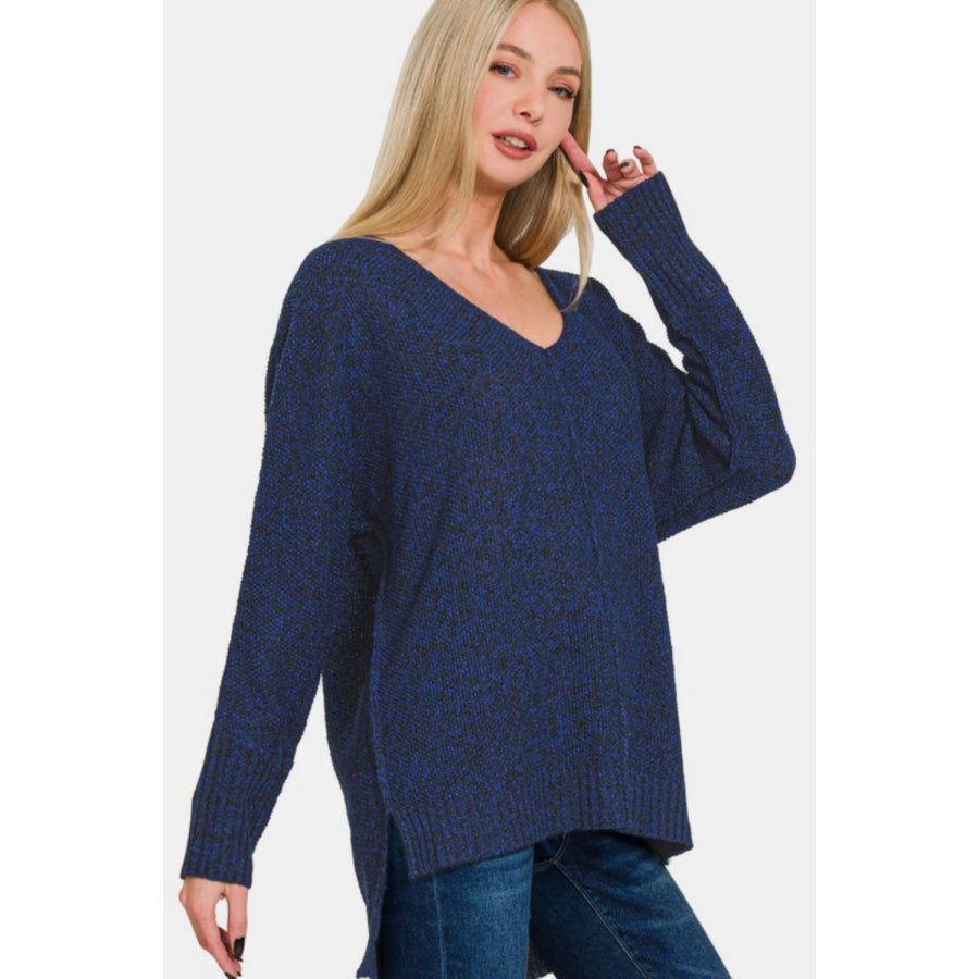 Zenana High-Low Center Seam V-Neck Sweater Apparel and Accessories