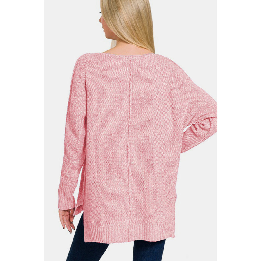 Zenana High-Low Center Seam V-Neck Sweater Dusty Pink / S Apparel and Accessories