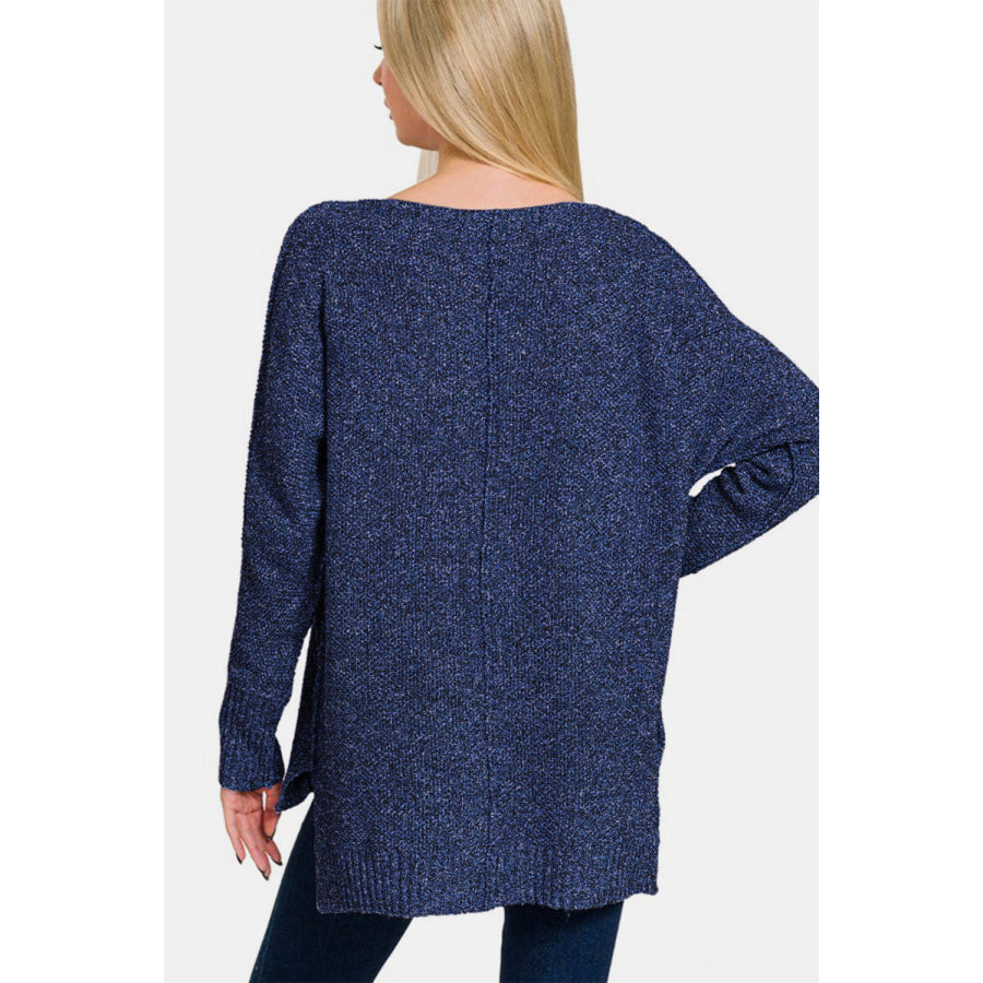 Zenana High-Low Center Seam V-Neck Sweater Dark Navy / S Apparel and Accessories