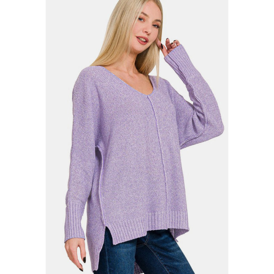 Zenana High-Low Center Seam V-Neck Sweater Apparel and Accessories