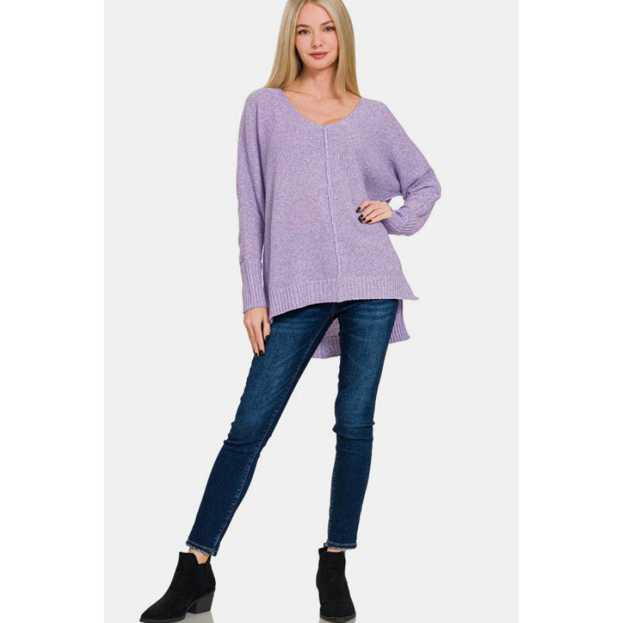 Zenana High-Low Center Seam V-Neck Sweater Apparel and Accessories