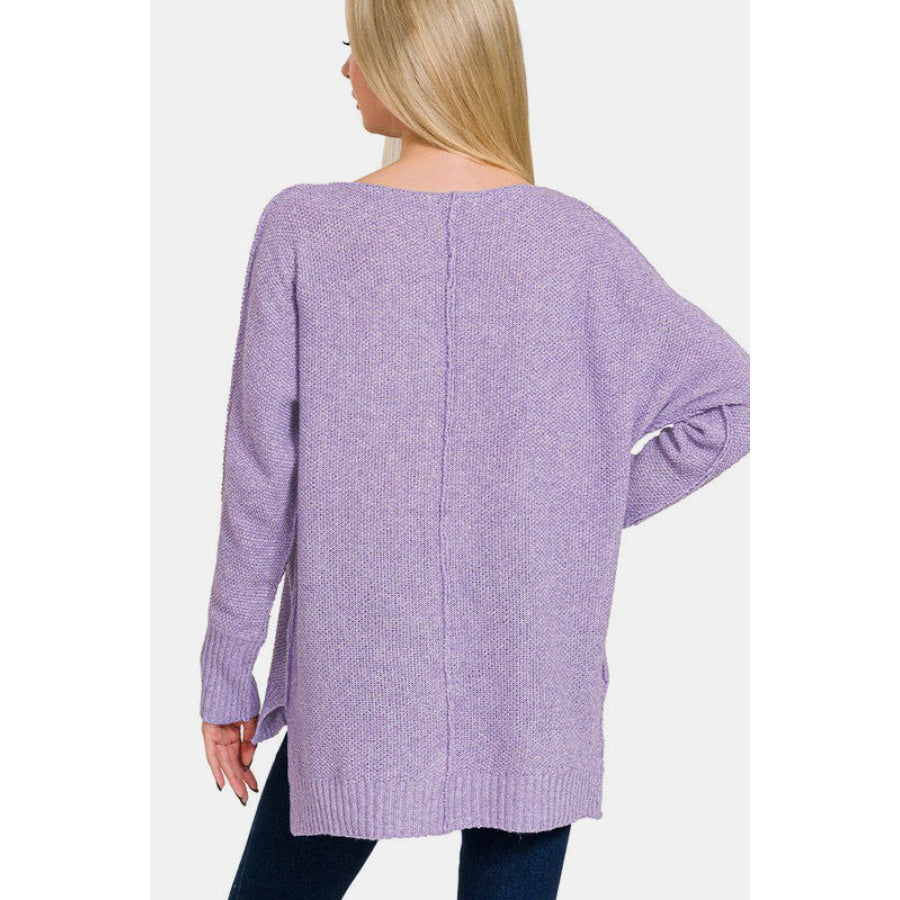 Zenana High-Low Center Seam V-Neck Sweater Lavender / S Apparel and Accessories